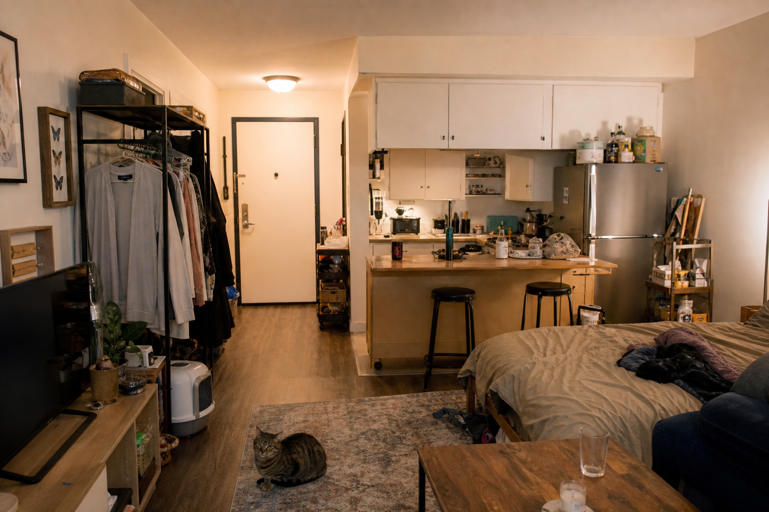 AI-generated illustration of a cluttered studio entry with litter and clothes racks