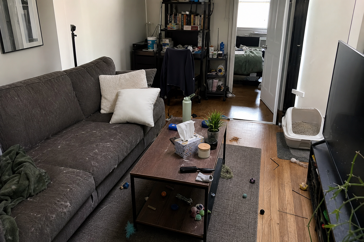 AI-generated before: sofa with fur, toys on floor, litter box visible from couch