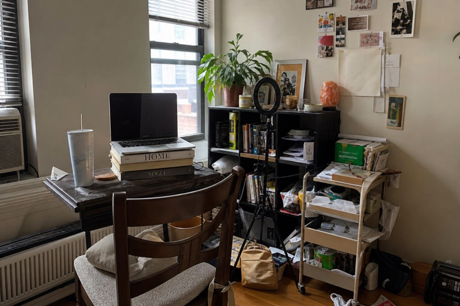 AI-generated before: cluttered table, backlight window, cable mess