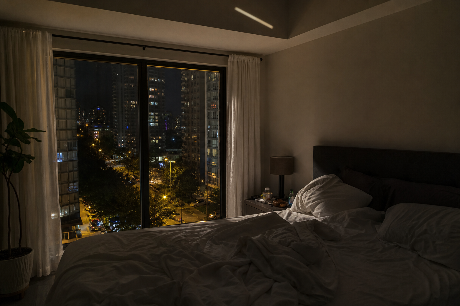 AI-generated before: bright gap in curtains, purifier in hallway, phone on nightstand