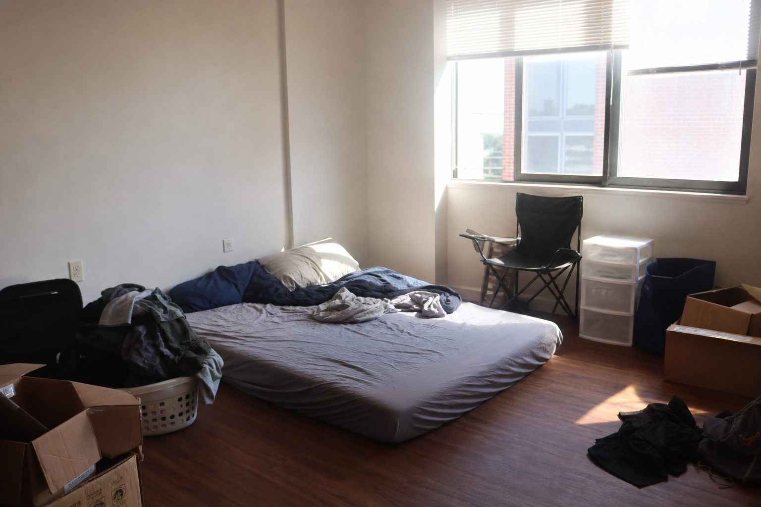 AI-generated before: mattress on floor, bare window, clutter chair