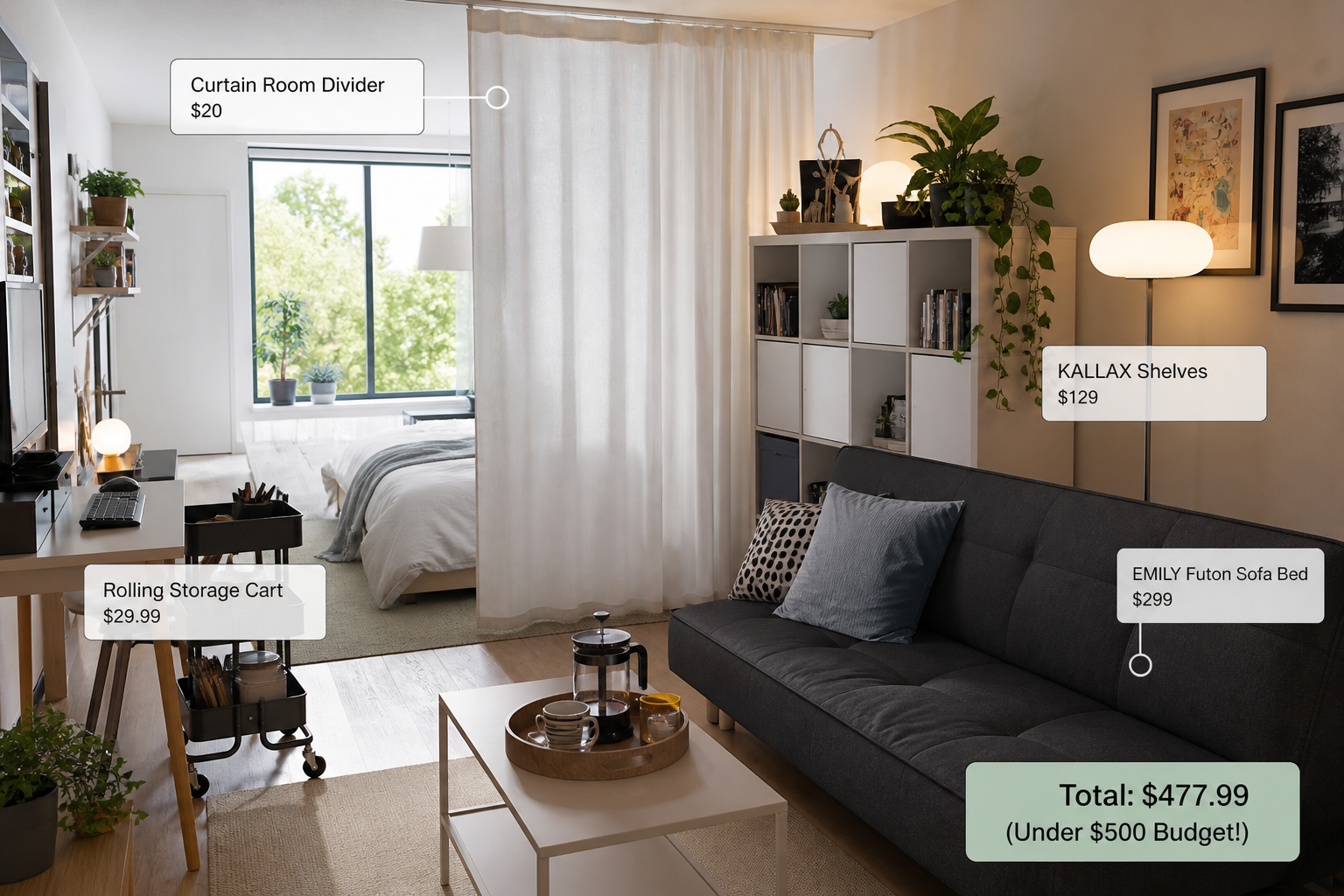 Budget Studio Makeover Under $500 (Zones Before Sofa)