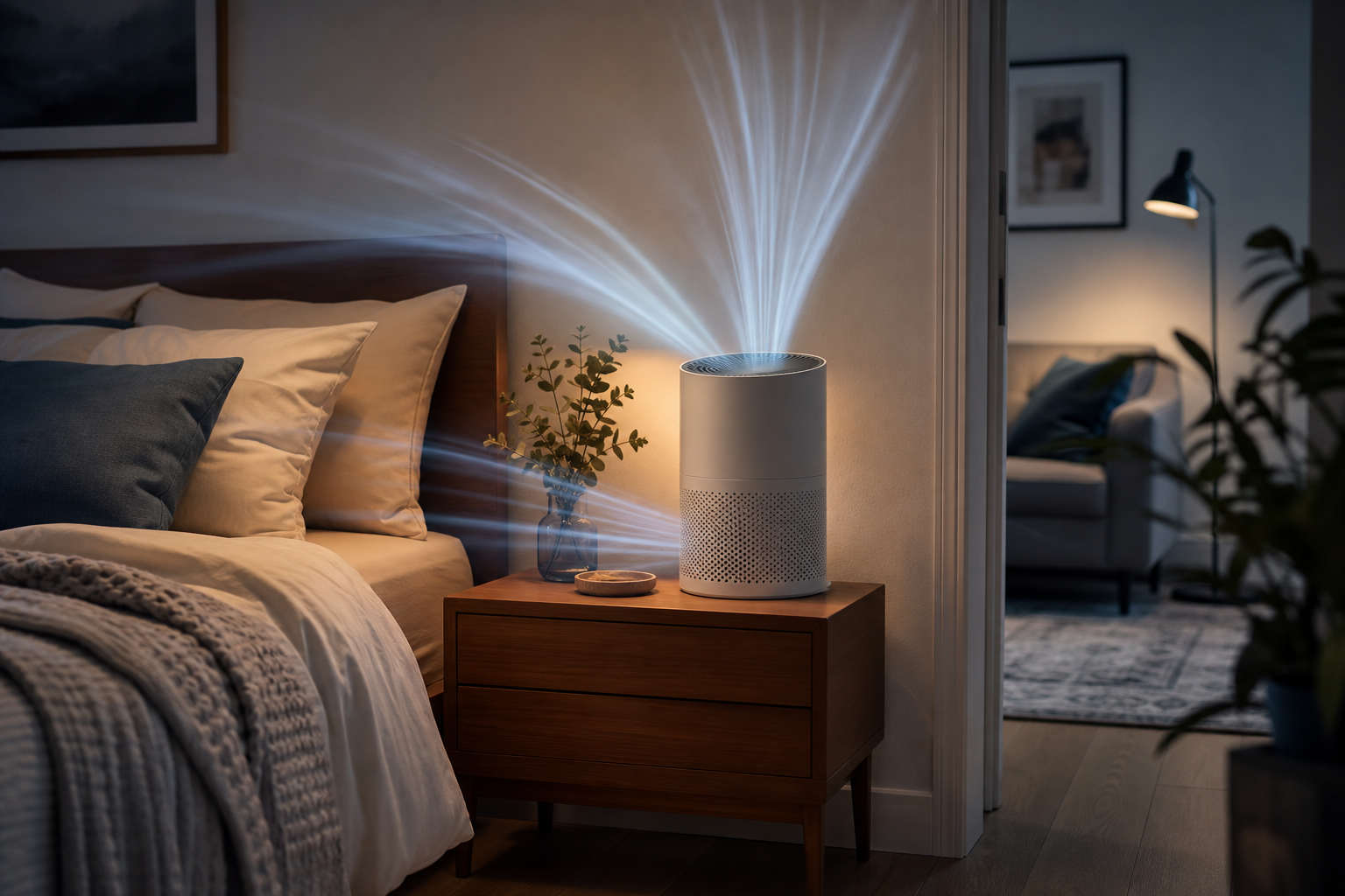 Air purifier in a bedroom with airflow concept