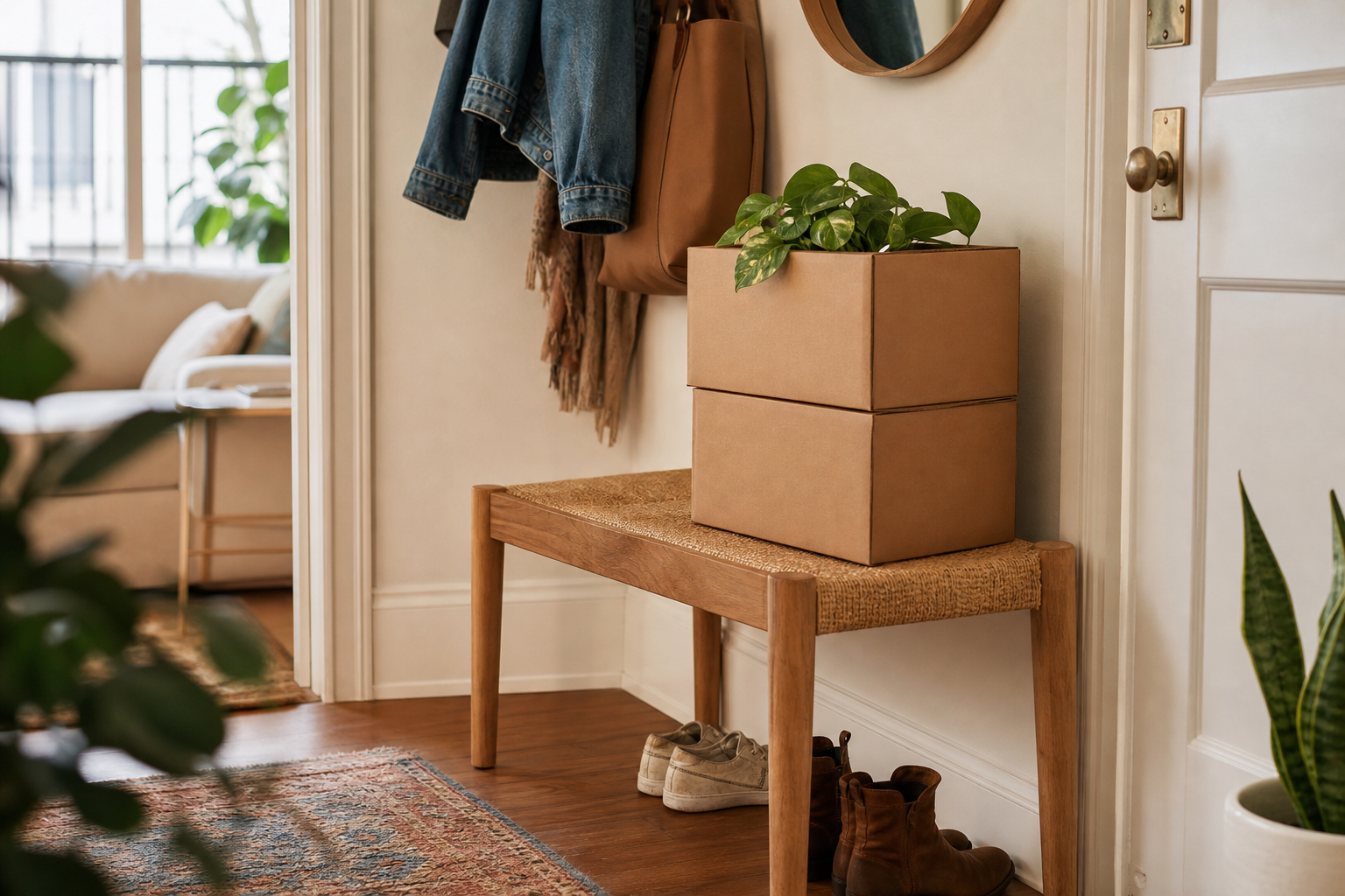 Plant subscription delivery boxes in a small apartment entry