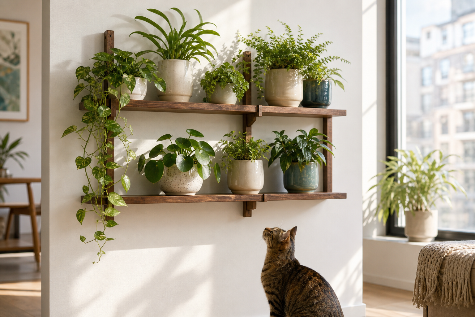 Wall-mounted pet-safe plants with cat nearby